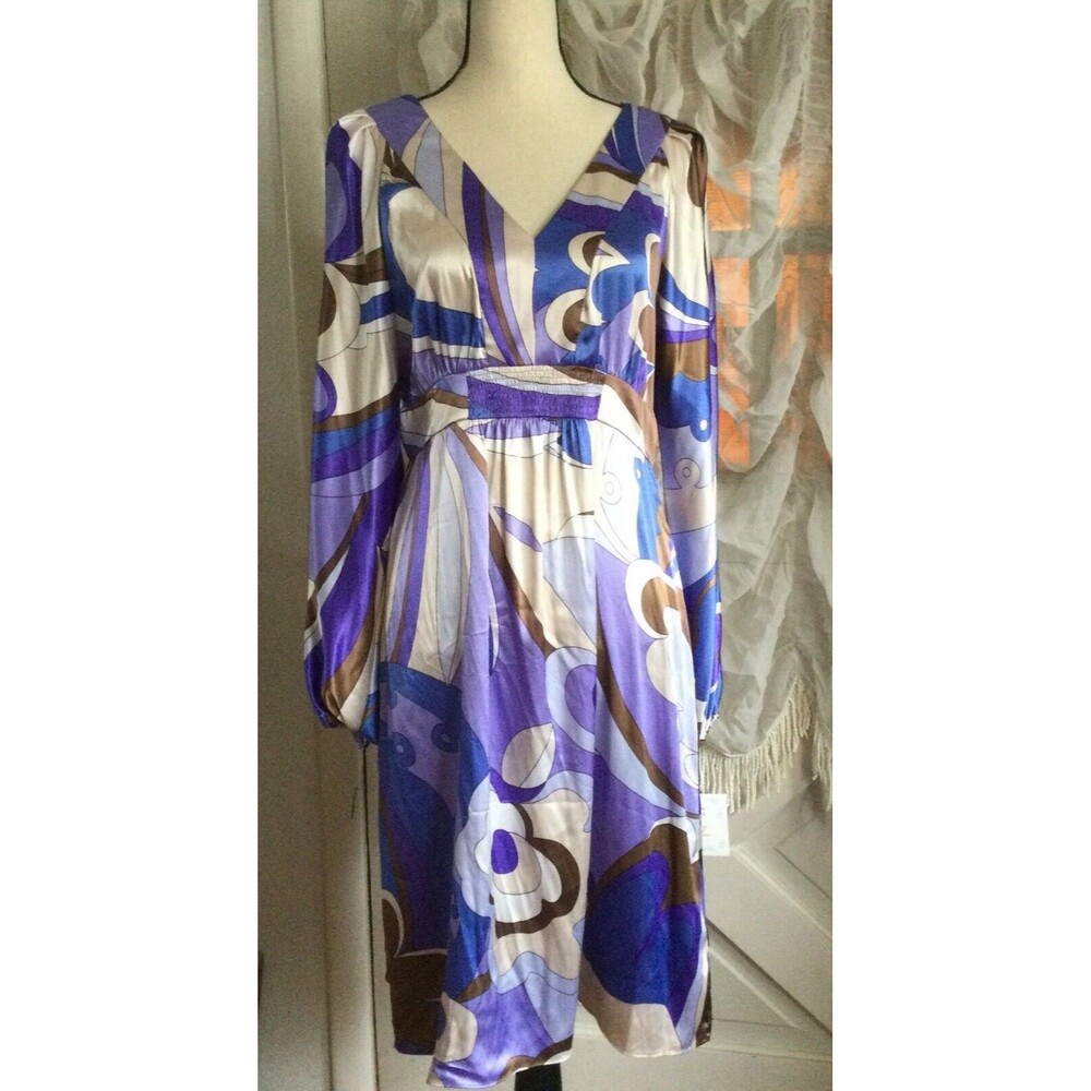 New Nordstrom Purple Modern Print Cinched Waist V-Neck Midi Dress 8